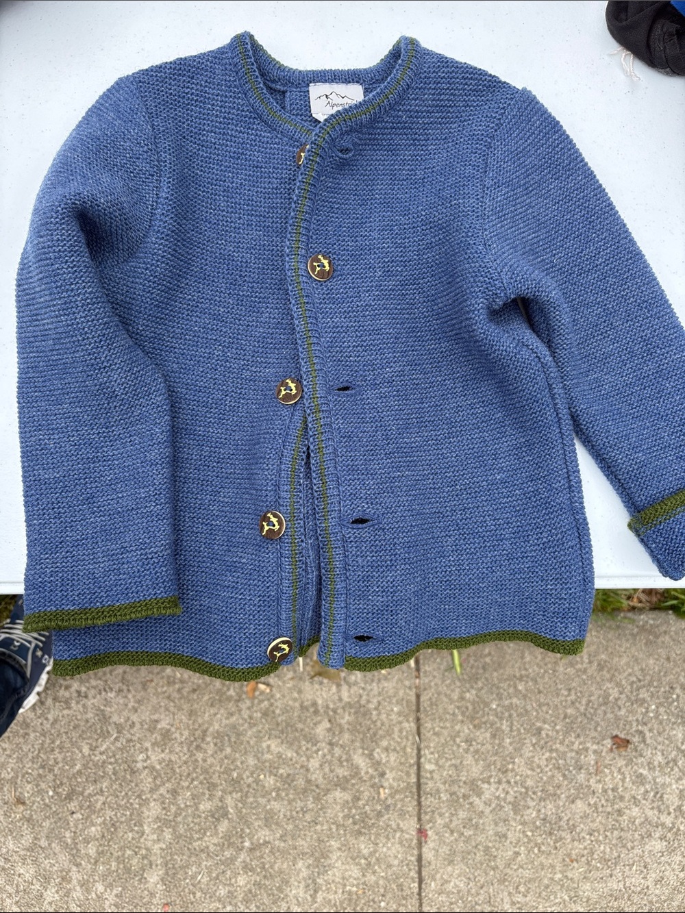 German kids wool Blue Knit Cardigan with Olive Trim